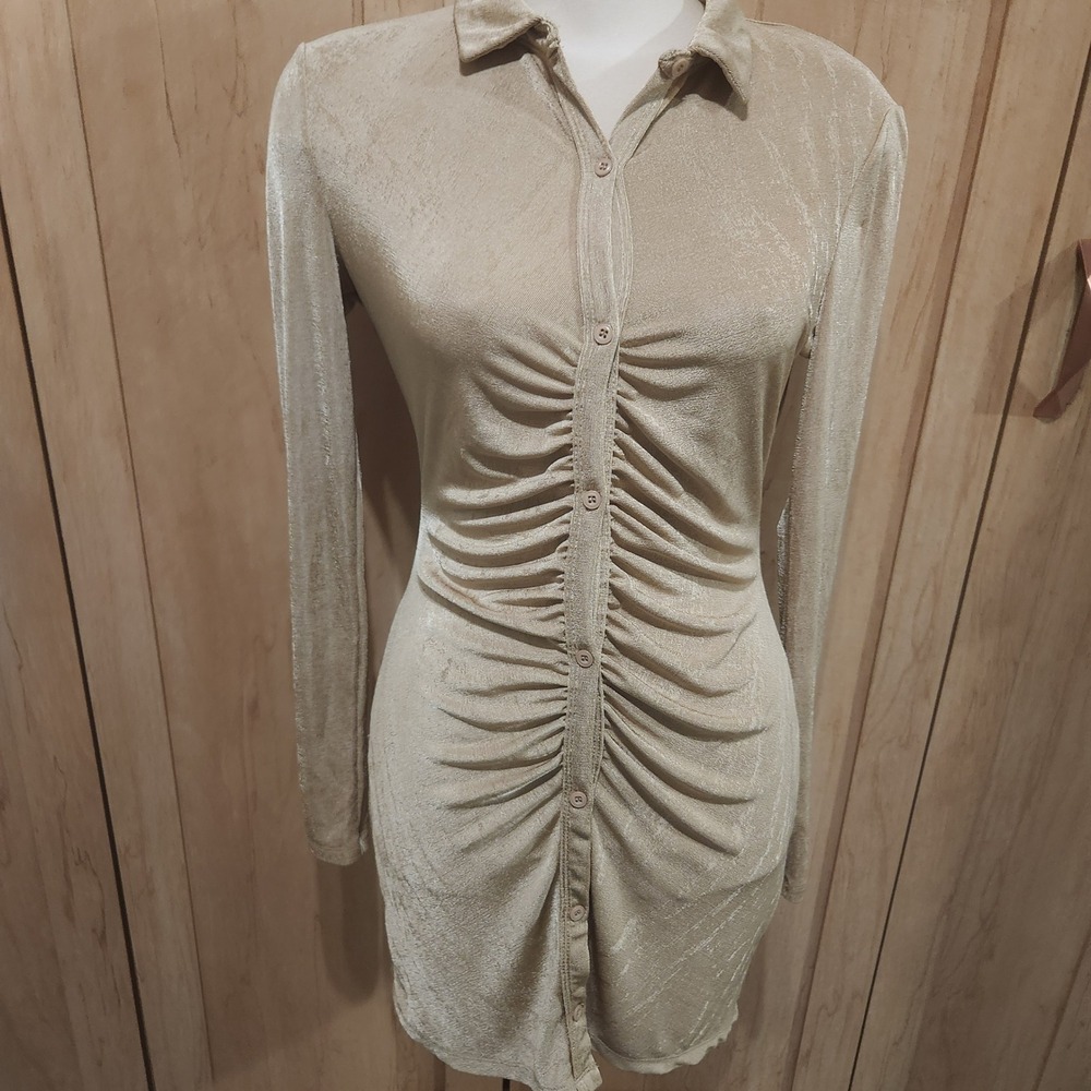 Streetwear Society Ruched Button Front Glitter Shirt Dress Champagne M but small